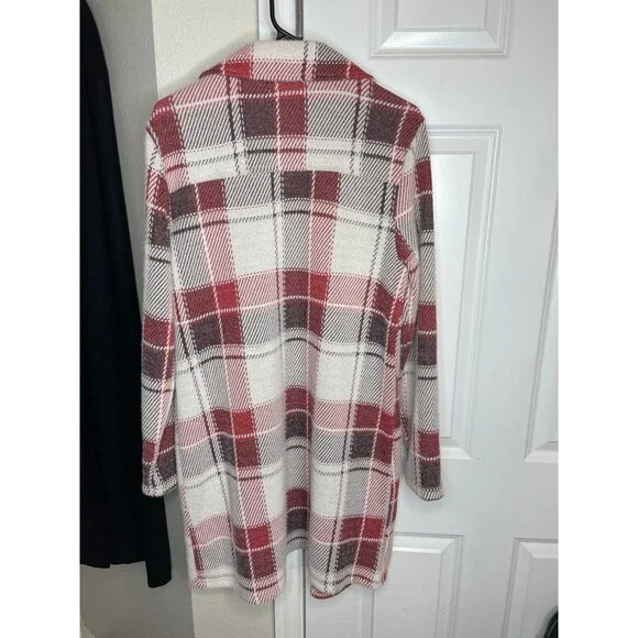 Maurices Plaid Academia Style Long Jacket Coat Red Ivory Open Front M - Picture 6 of 8